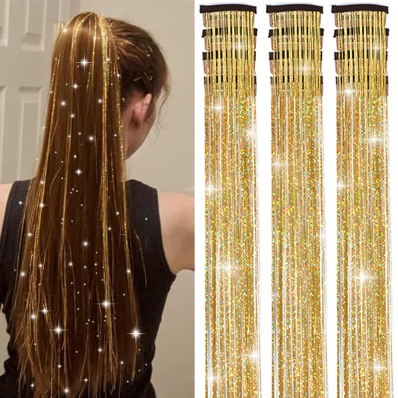 EROADE Hair Tinsel Clip in12 Pcs Gold Hair Tinsel Kit for Girls 22 Inch Glitter Fairy Tinsel Hair Extensions Colorful Heat Resistant Party Festival Accessories for Women (gold) - Image 1